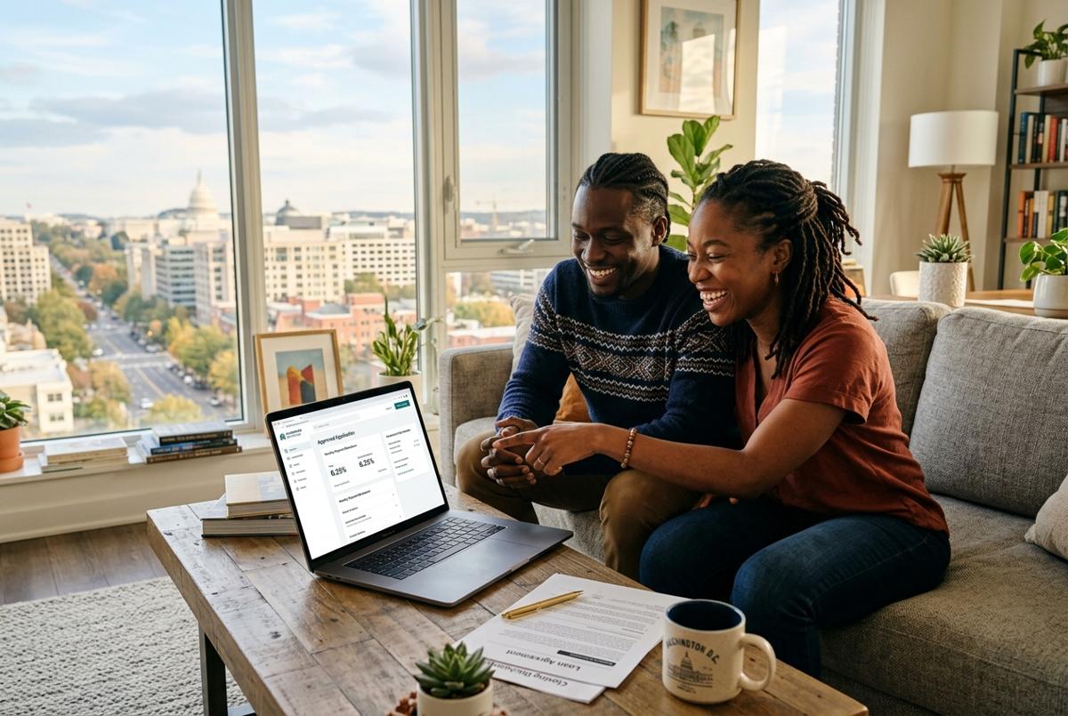Ghanaian diaspora couple reviewing mortgage documents online