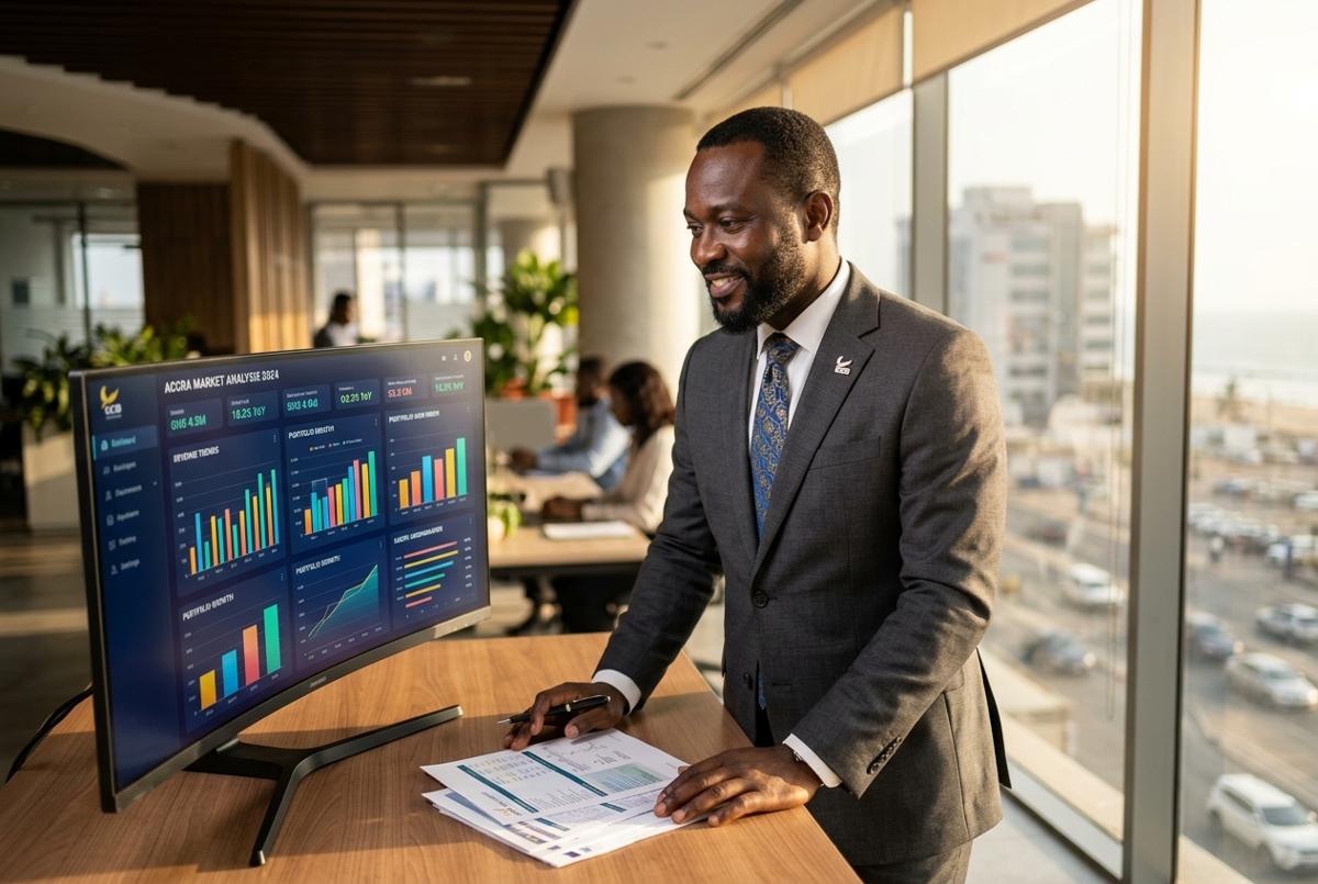 Ghana bank analyst reviewing diaspora borrower documents